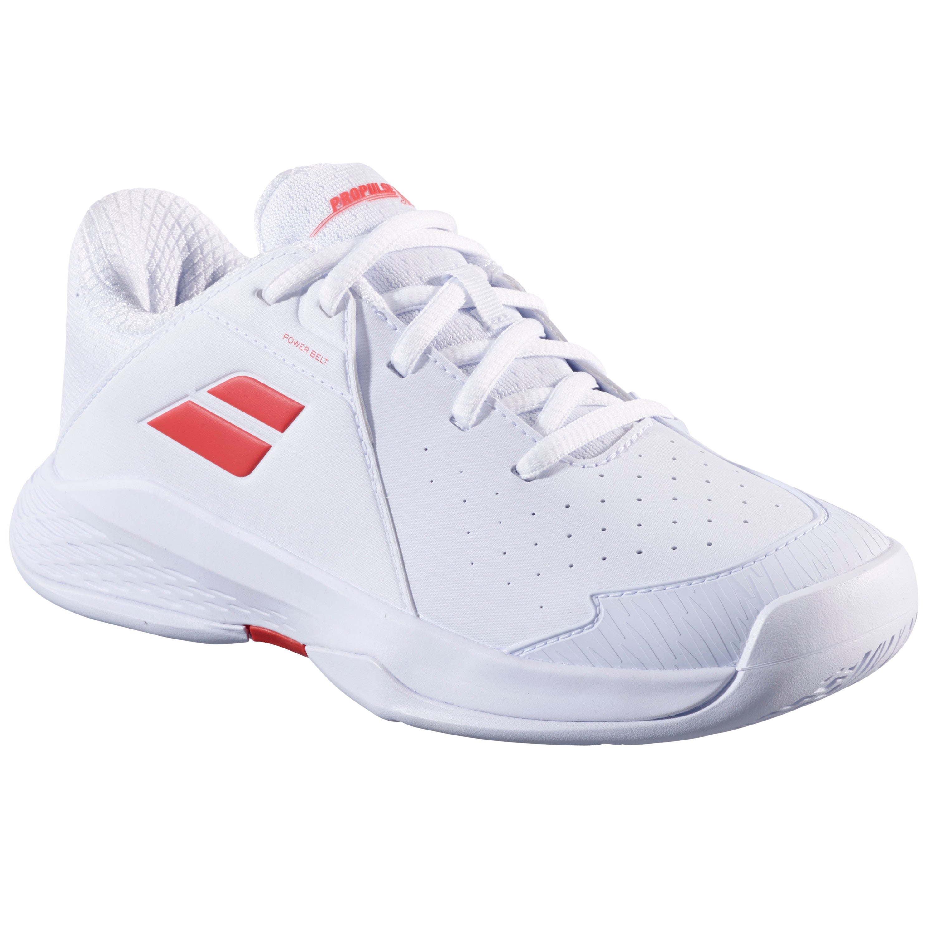 Babolat Propulse 3 All Court Jr Shoes - White/Coral - three-quarter view