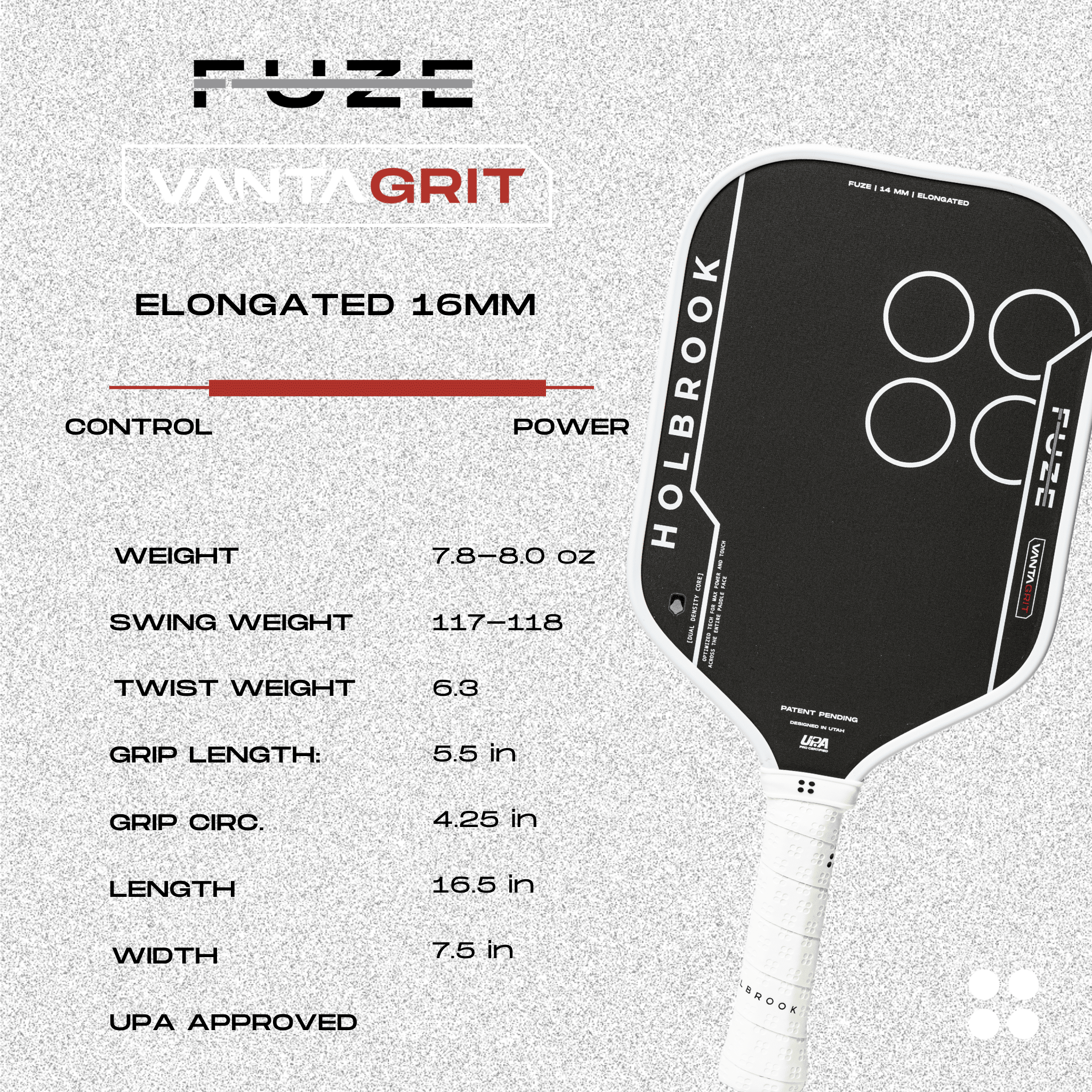 Holbrook Fuze VantaGrit Pickleball Paddle - Elongated 16mm - specs