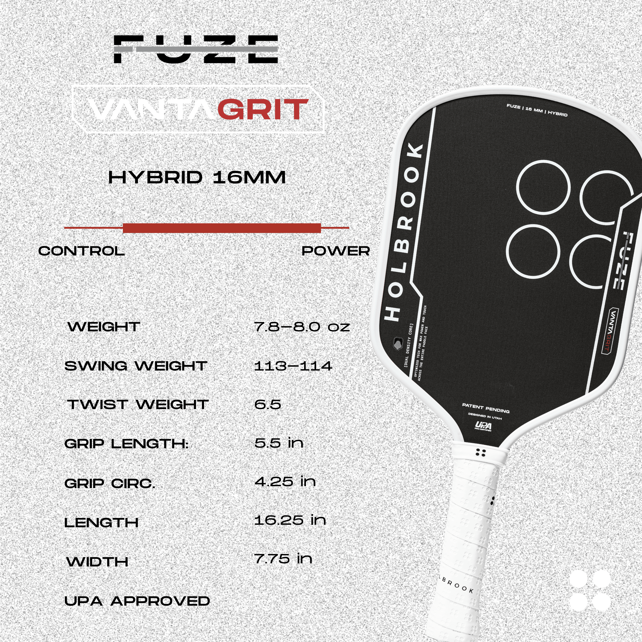 Holbrook Fuze VantaGrit Pickleball Paddle - Hybrid 16mm - specs